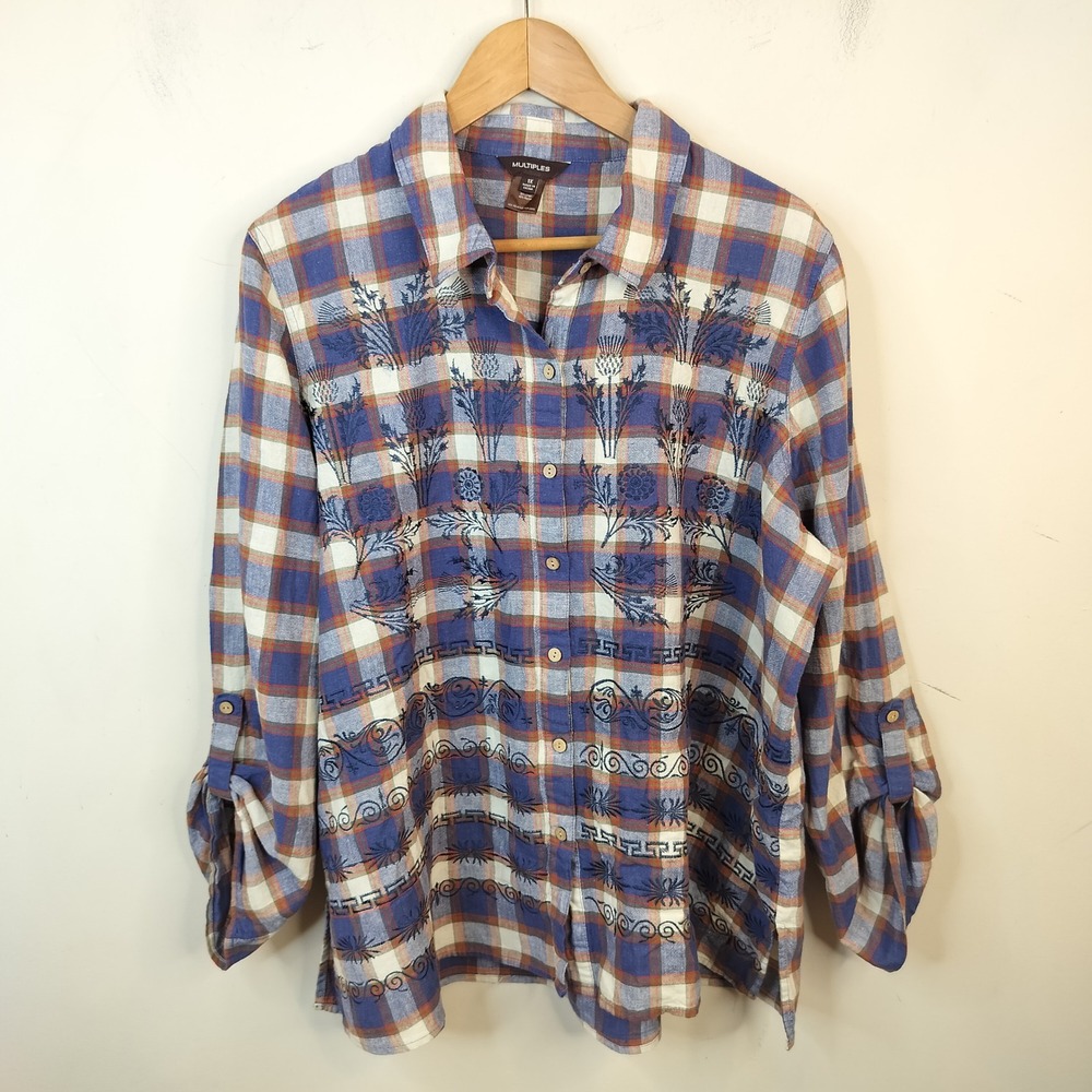 Multiples Floral Embroidered Plaid Shirt 1X Women's Linen Blend Button Up